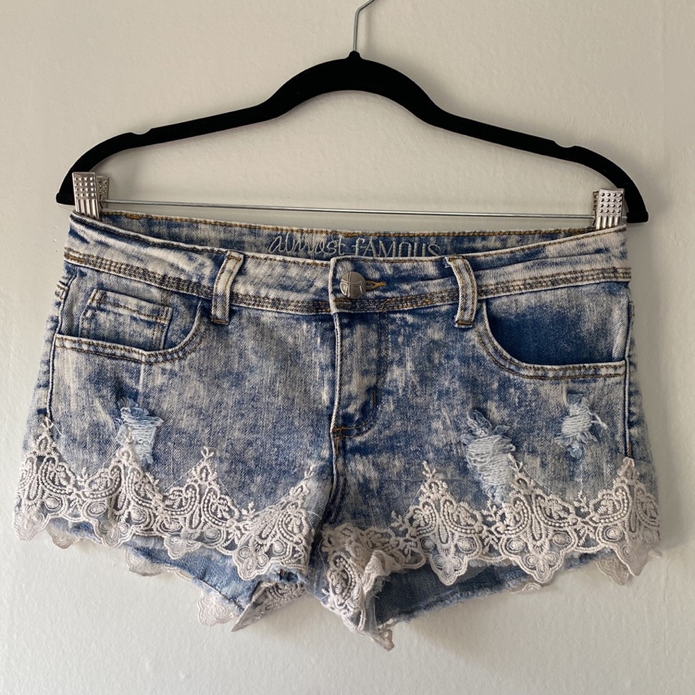 Distressed Denim Lace Shorts